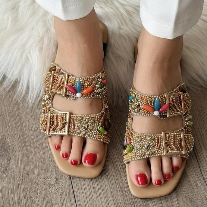 Gemstone & Bead Embellished Double Buckle Flat Slides - 2 colors - SH Collection