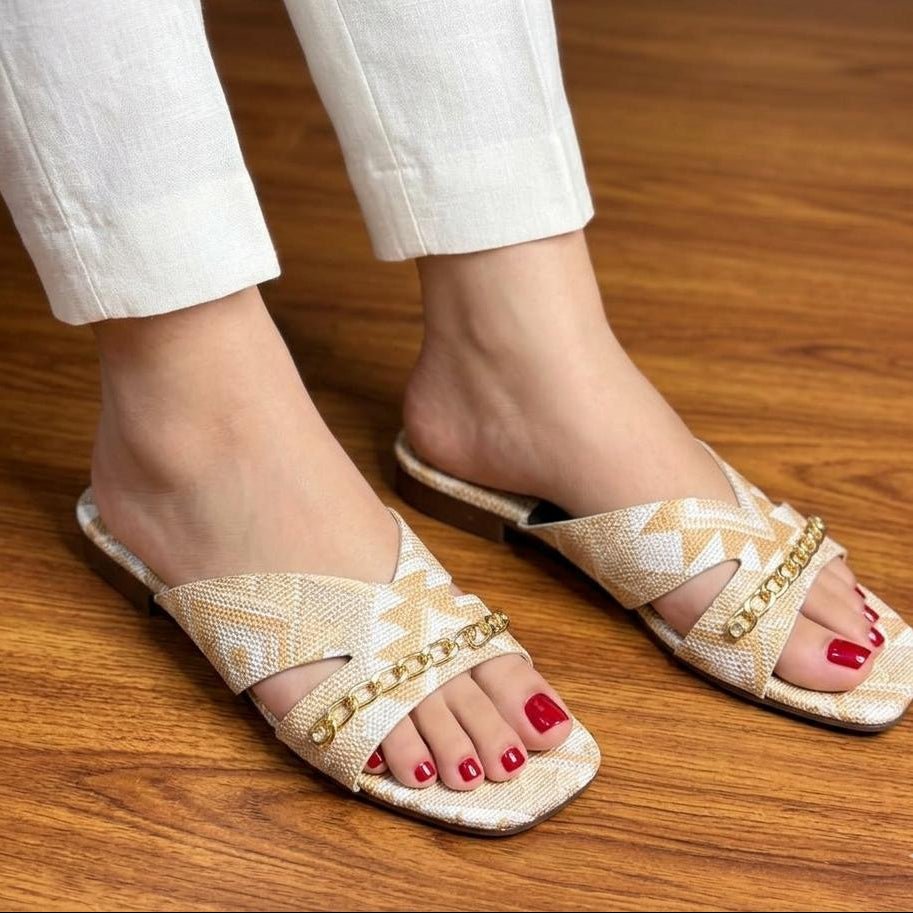 Geometric Print Chain Flat Slippers - Beige - SH Collection