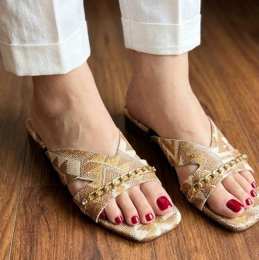 Geometric Print Chain Flat Slippers - Brown - SH Collection