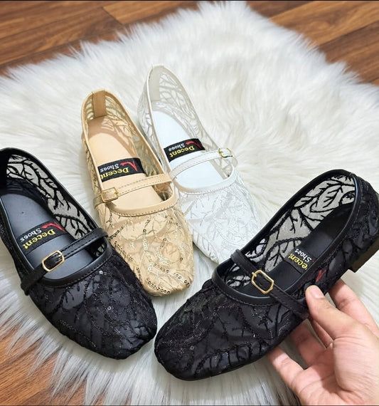 Gold Sequin Floral Mesh Mary Jane Flats - Golden - SH Collection