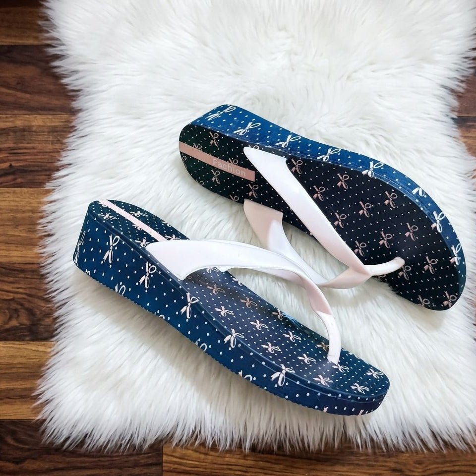 Imported Bow Print Wedge Platform Thong Flip Flops - Navy Blue - SH Collection
