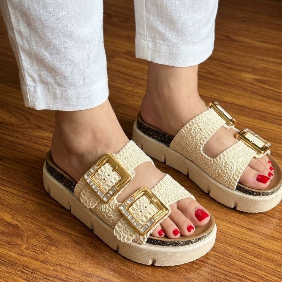Lace Double Strap Gold Buckle Platform Slippers - Cream - SH Collection