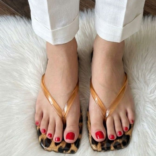 Leopard Print Square Toe Flip Flops - Gold Clear Strap - SH Collection