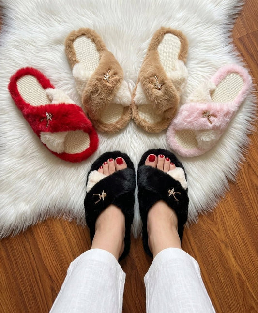 Luxe Cross-Strap Faux Fur Slippers - SH Collection