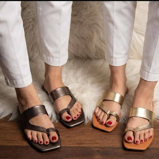 Metallic Wide Strap Toe Ring Flat Sandals - 3 colors - SH Collection