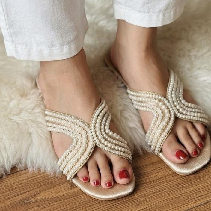 Multi-Strand Beaded Cross Strap Flat Slides - 2 Colors - SH Collection