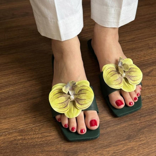 Orchid Flower Flat Slide Sandals - Mint Green - SH Collection