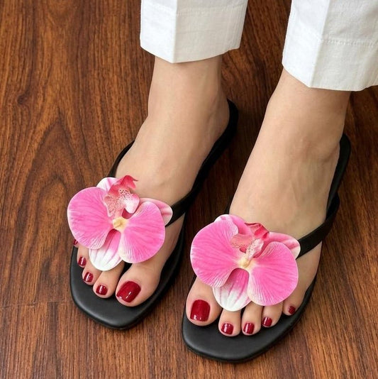 Orchid Flower Thong Flat Sandals - Black Pink - SH Collection