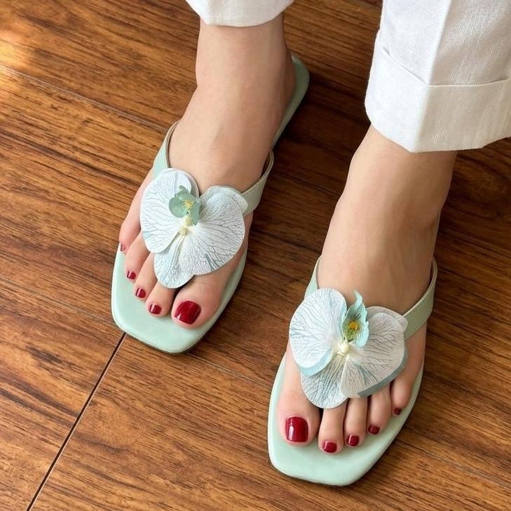 Orchid Flower Thong Flat Sandals - Mint Blue - SH Collection