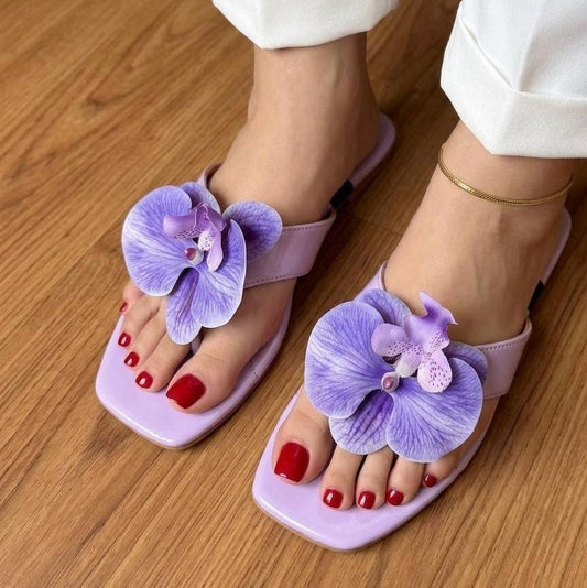 Orchid Flower Thong Flat Sandals - Purple - SH Collection