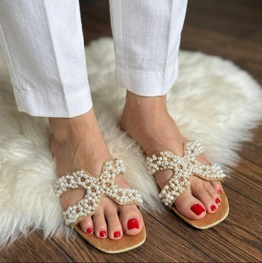 Pearl Embellished Cross Strap Flat Slides - 3 Colors - SH Collection