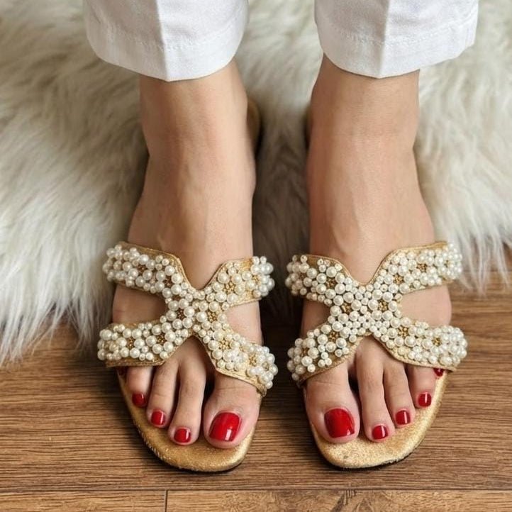 Pearl Embellished Cross Strap Flat Slides - 3 Colors - SH Collection