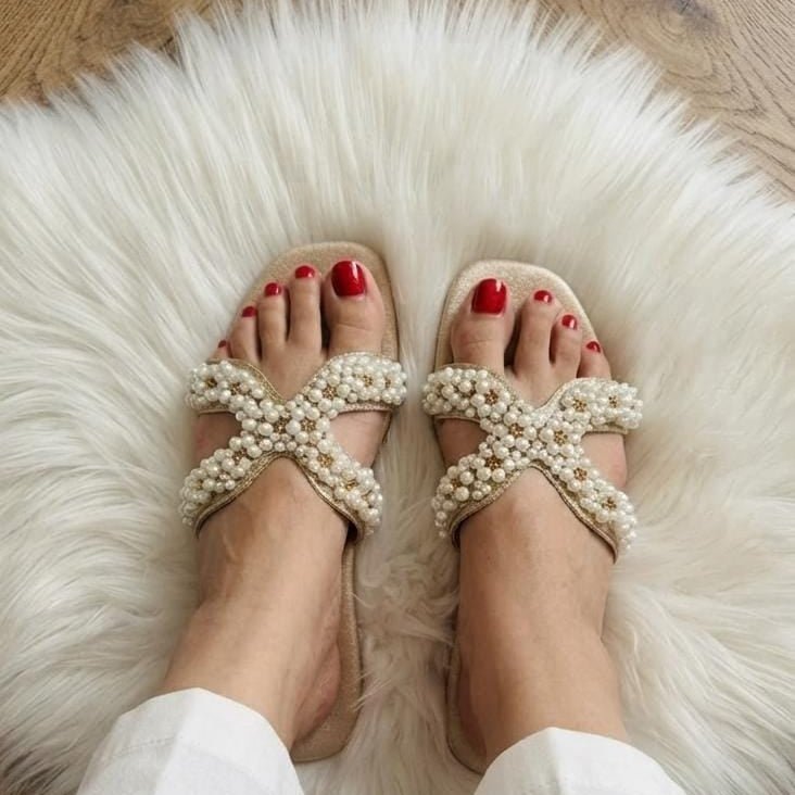Pearl Embellished Cross Strap Flat Slides - 3 Colors - SH Collection