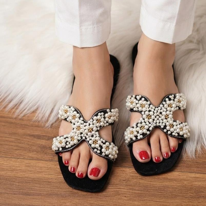 Pearl Embellished Cross Strap Flat Slides - 3 Colors - SH Collection