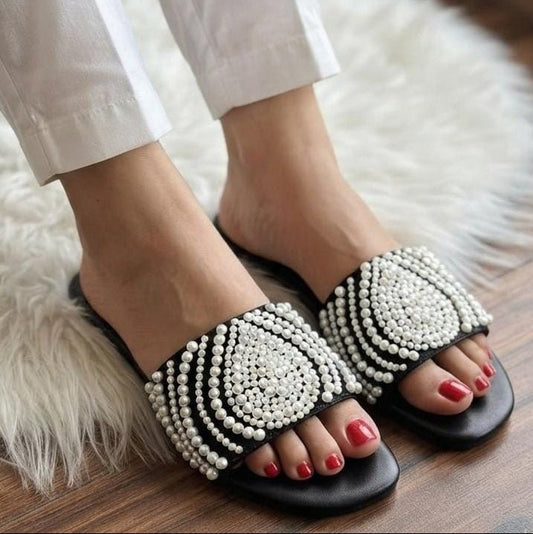Pearl Swirl Embellished Wide Strap Flat Slides - 3 Colors - SH Collection