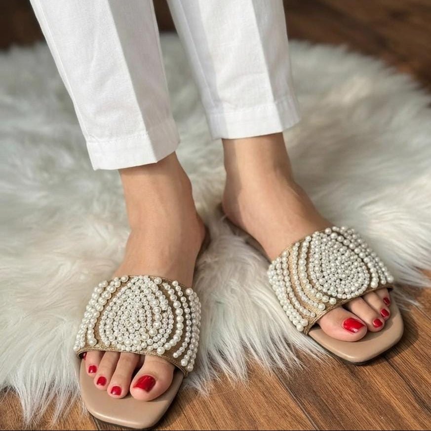 Pearl Swirl Embellished Wide Strap Flat Slides - 3 Colors - SH Collection