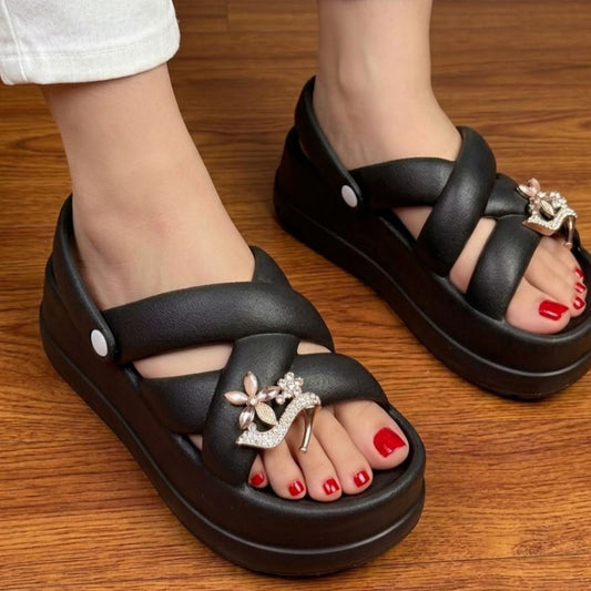 Platform Criss-Cross Rhinestone Charm Slippers - Black - SH Collection