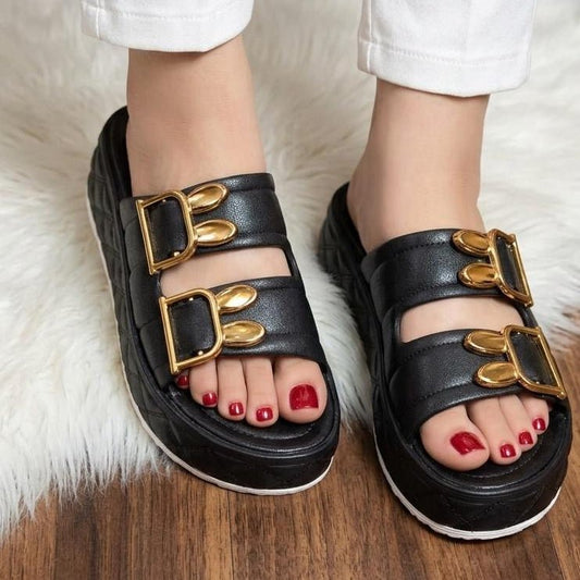 Quilted Double Buckle Platform Slide Slippers - Black - SH Collection
