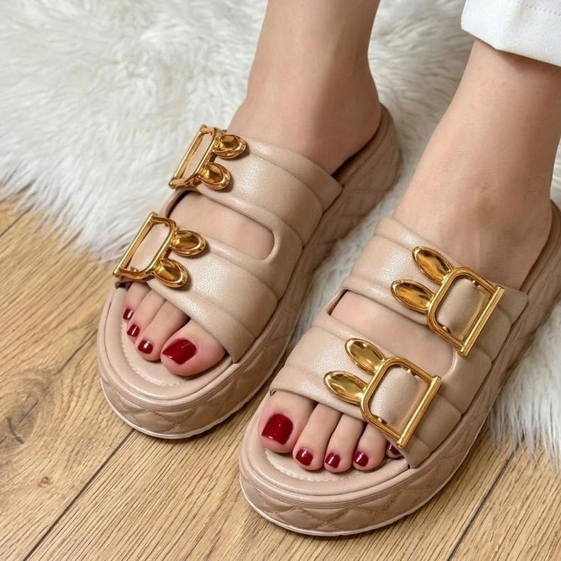 Quilted Double Buckle Platform Slide Slippers - Light Skin - SH Collection