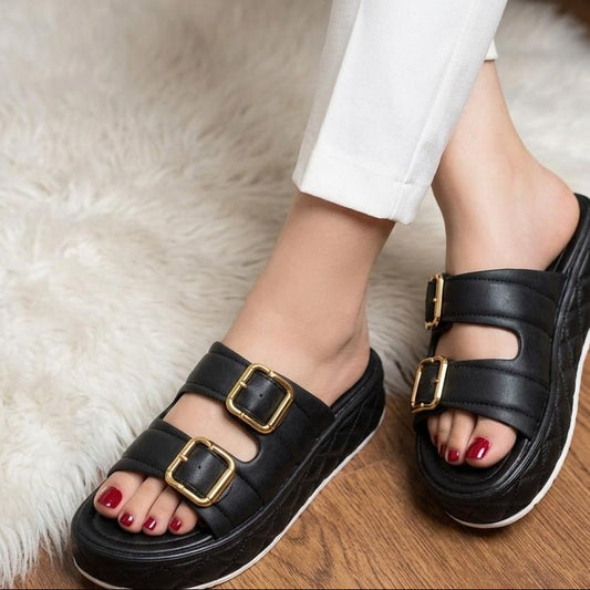 Quilted Dual Buckle Strap Platform Slide Slippers - Black - SH Collection