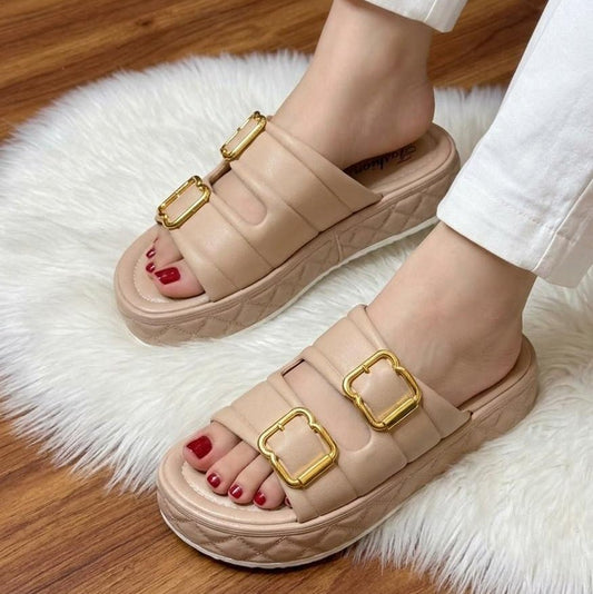 Quilted Dual Buckle Strap Platform Slide Slippers - Light Skin - SH Collection