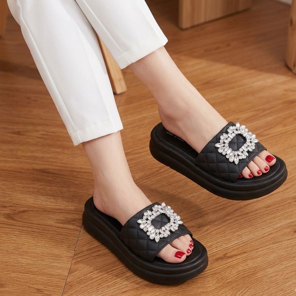 Quilted Platform Crystal Buckle Slippers - Black - SH Collection