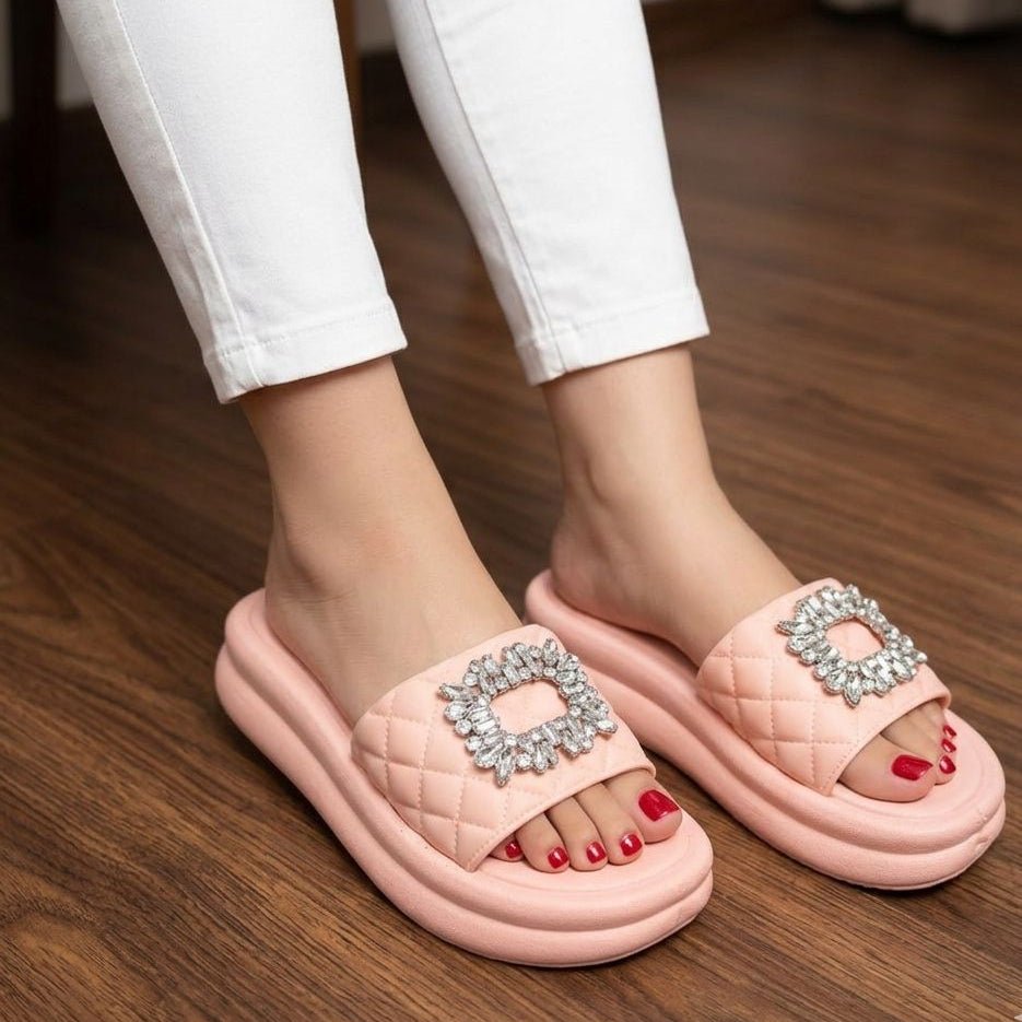 Quilted Platform Crystal Buckle Slippers - Pink - SH Collection