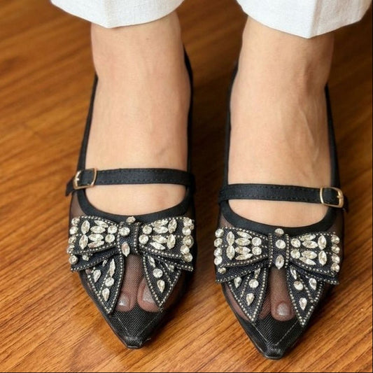 Rhinestone Bow Net Pumps - Multi Color - SH Collection