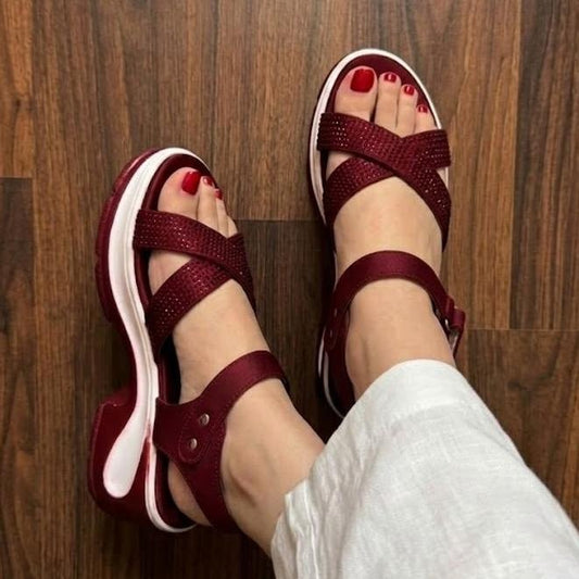 Rhinestone Criss-Cross Sporty Platform Sandals - Maroon - SH Collection