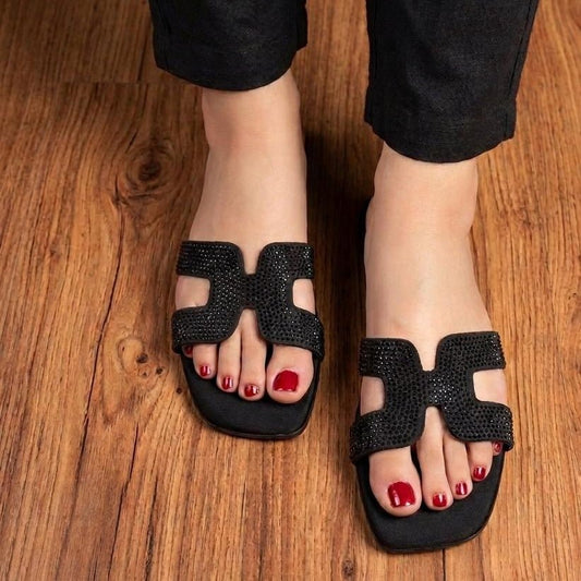Rhinestone H-Strap Flat Sandals - Black - SH Collection