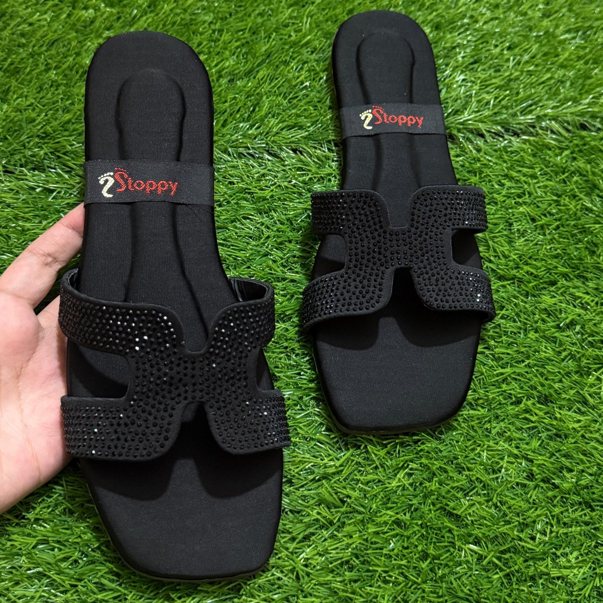 Rhinestone H-Strap Flat Sandals - Black - SH Collection