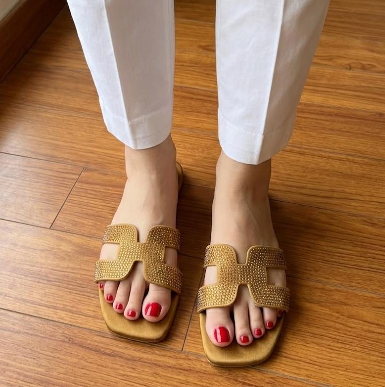 Rhinestone H-Strap Flat Sandals - Gold - SH Collection