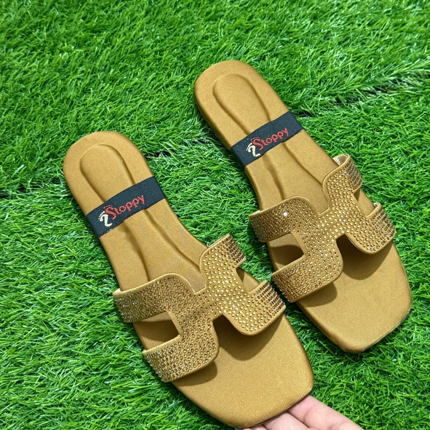 Rhinestone H-Strap Flat Sandals - Gold - SH Collection