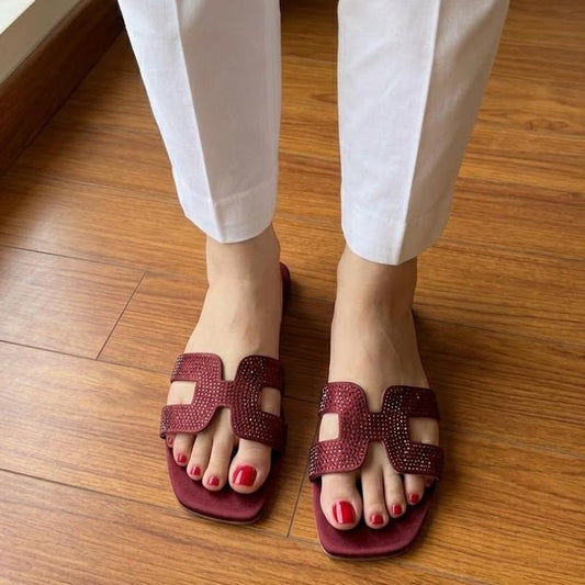 Rhinestone H-Strap Flat Sandals - Maroon - SH Collection