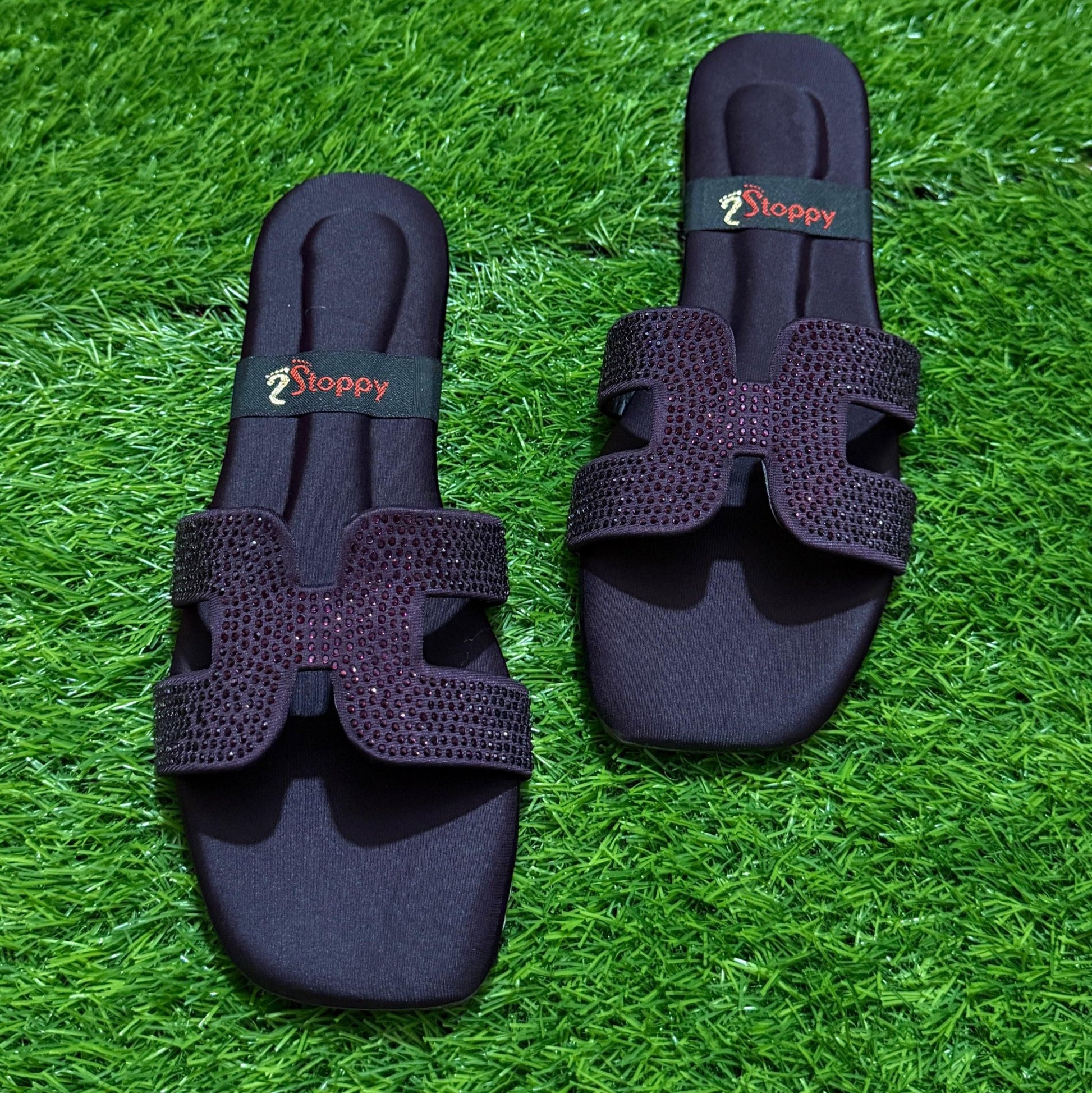 Rhinestone H-Strap Flat Sandals - Purple - SH Collection