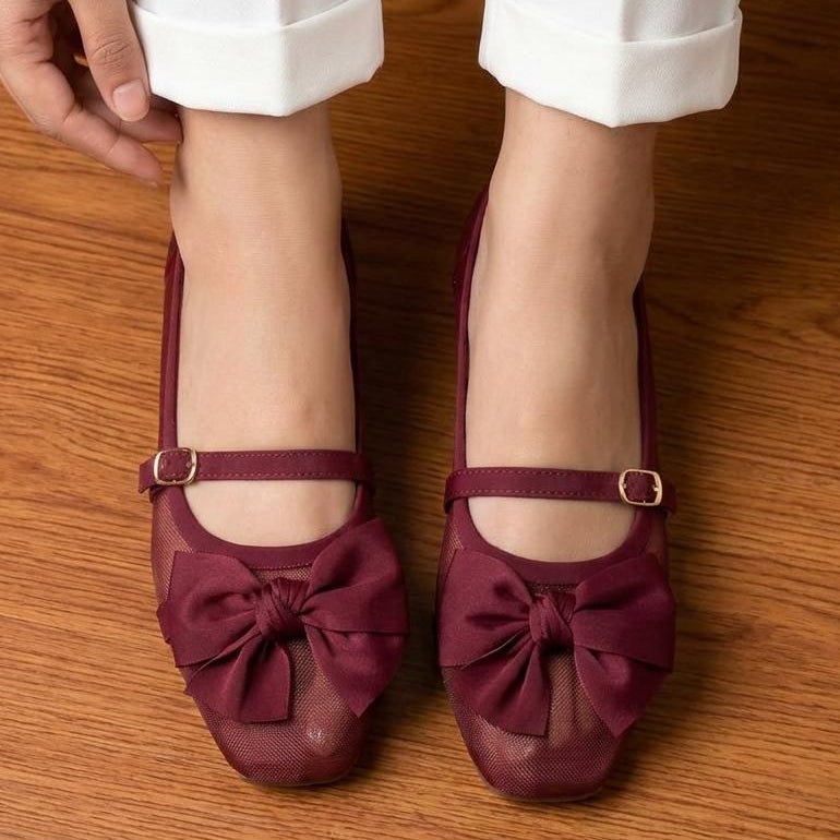 Satin Bow Mesh Ballet Flats with Ankle Strap - Multi Color - SH Collection