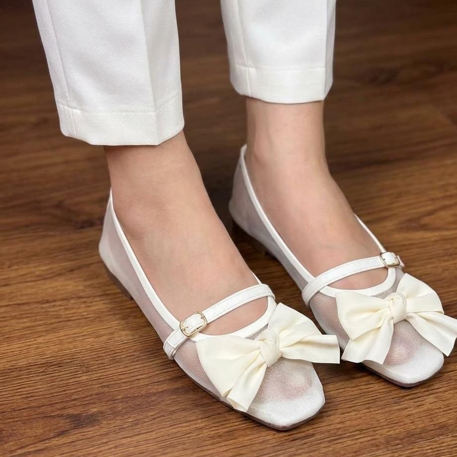 Satin Bow Mesh Ballet Flats with Ankle Strap - Multi Color - SH Collection