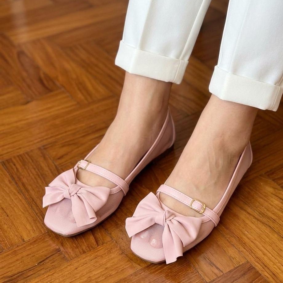 Satin Bow Mesh Ballet Flats with Ankle Strap - Multi Color - SH Collection