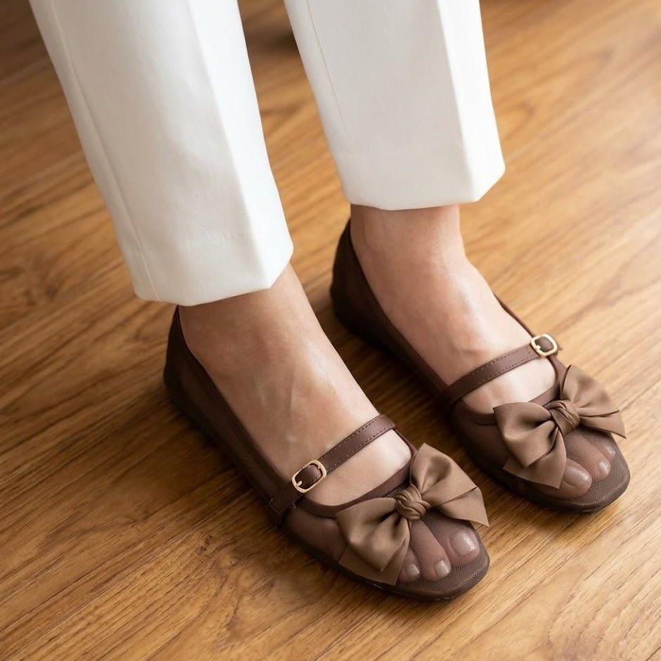 Satin Bow Mesh Ballet Flats with Ankle Strap - Multi Color - SH Collection