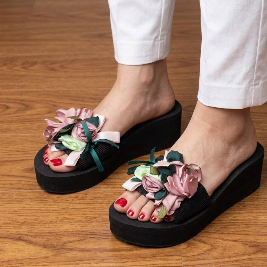 Satin Floral Bouquet Wedge Slippers - Pink Multi - SH Collection