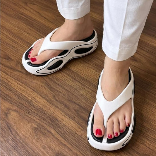 White Black Sporty Platform Thong Slippers - SH Collection