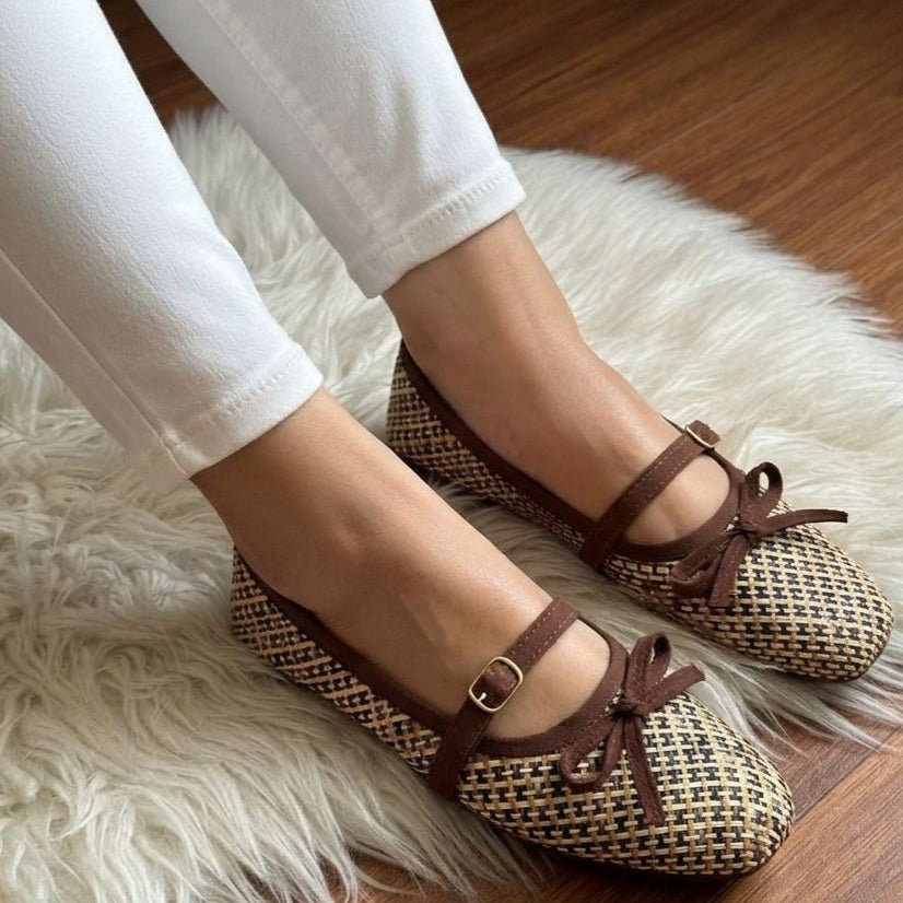Woven Houndstooth Bow Mary Jane Flats - SH Collection