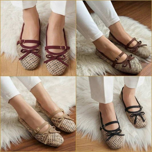 Woven Houndstooth Bow Mary Jane Flats - SH Collection