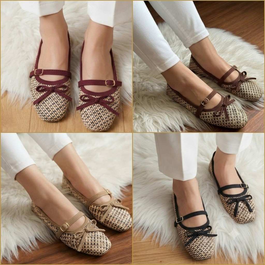 Woven Houndstooth Bow Mary Jane Flats SH Collection