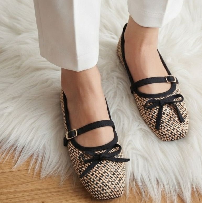 Woven Houndstooth Bow Mary Jane Flats - SH Collection