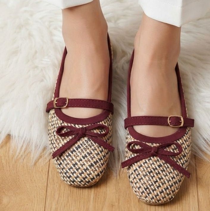 Woven Houndstooth Bow Mary Jane Flats - SH Collection