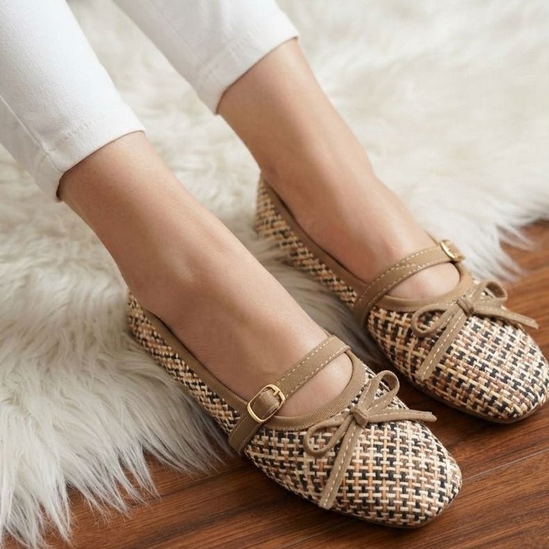 Woven Houndstooth Bow Mary Jane Flats - SH Collection